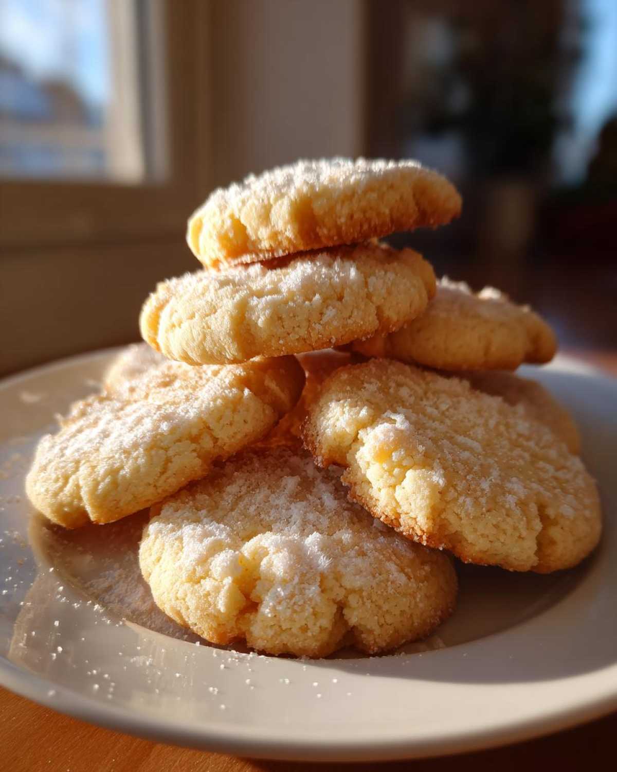 A stack of golden 3-ingredient butter cookies lightly dusted with powdered sugar, illuminated by sunlight.