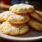 A stack of golden 3-ingredient butter cookies generously dusted with powdered sugar on a light plate.