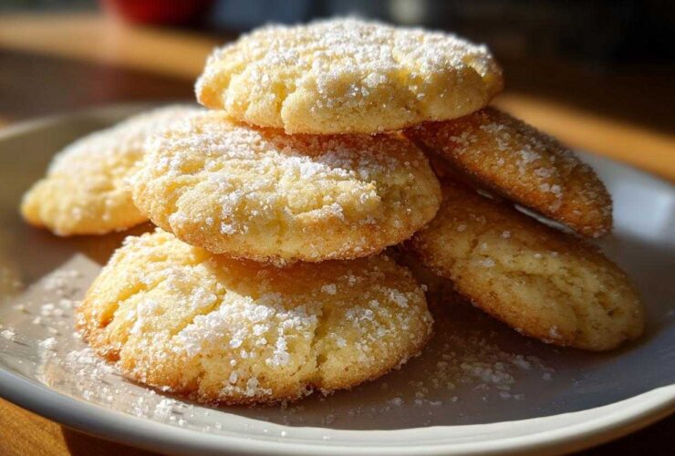 A stack of golden 3-ingredient butter cookies generously dusted with powdered sugar on a light plate.