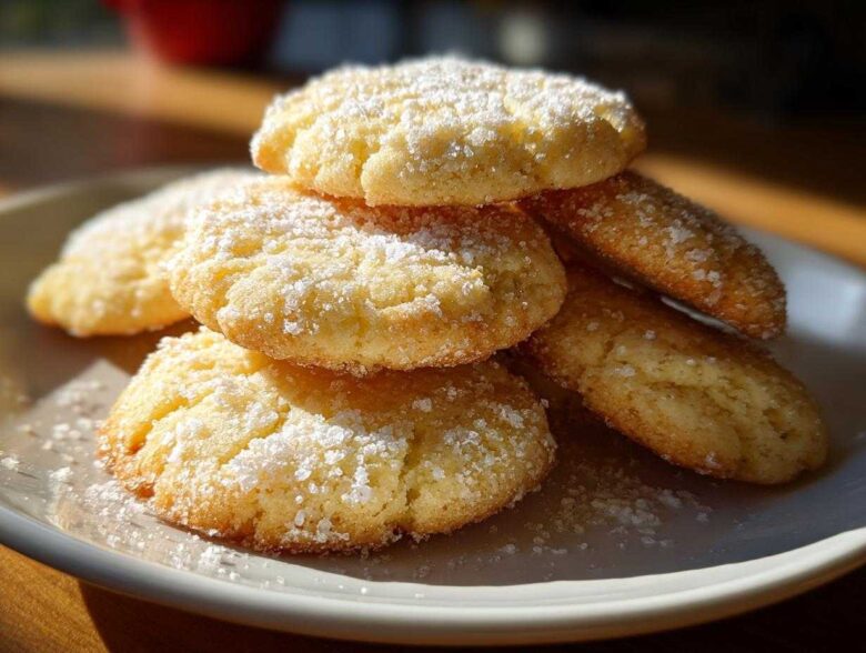 A stack of golden 3-ingredient butter cookies generously dusted with powdered sugar on a light plate.