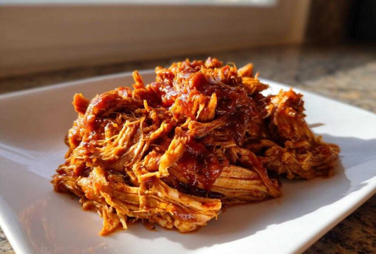 A close-up of saucy, shredded pulled chicken piled high on a white square plate.