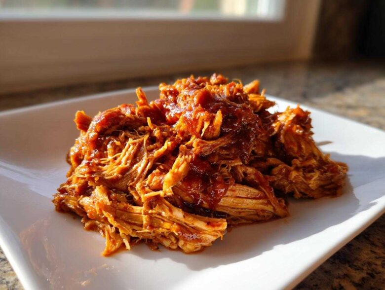 A close-up of saucy, shredded pulled chicken piled high on a white square plate.