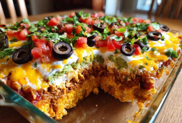 Close-up of a delicious 7 layer dip in a glass baking dish, showing layers of meat, cheese, guacamole, sour cream, topped with tomatoes, olives, and cilantro.