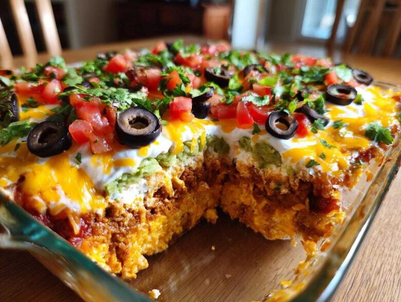 Close-up of a delicious 7 layer dip in a glass baking dish, showing layers of meat, cheese, guacamole, sour cream, topped with tomatoes, olives, and cilantro.