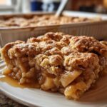 A close-up of a warm, gooey slice of apple cobbler with a crumbly topping on a white plate.