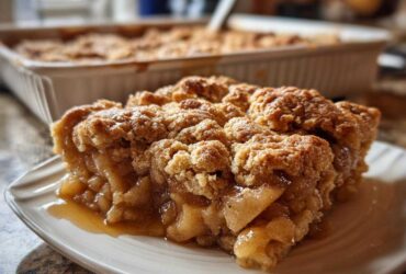 A close-up of a warm, gooey slice of apple cobbler with a crumbly topping on a white plate.