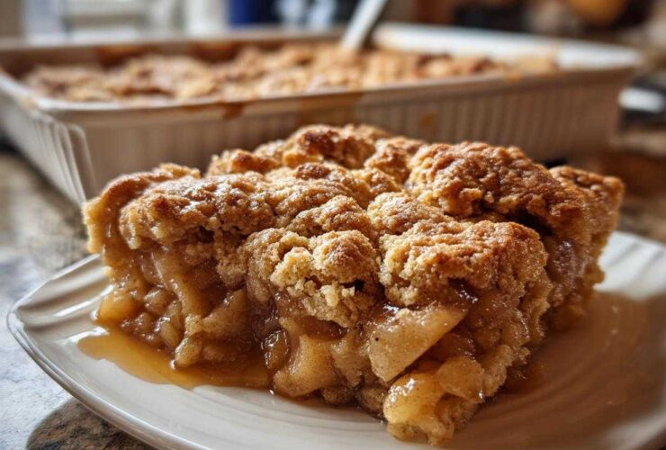 A close-up of a warm, gooey slice of apple cobbler with a crumbly topping on a white plate.