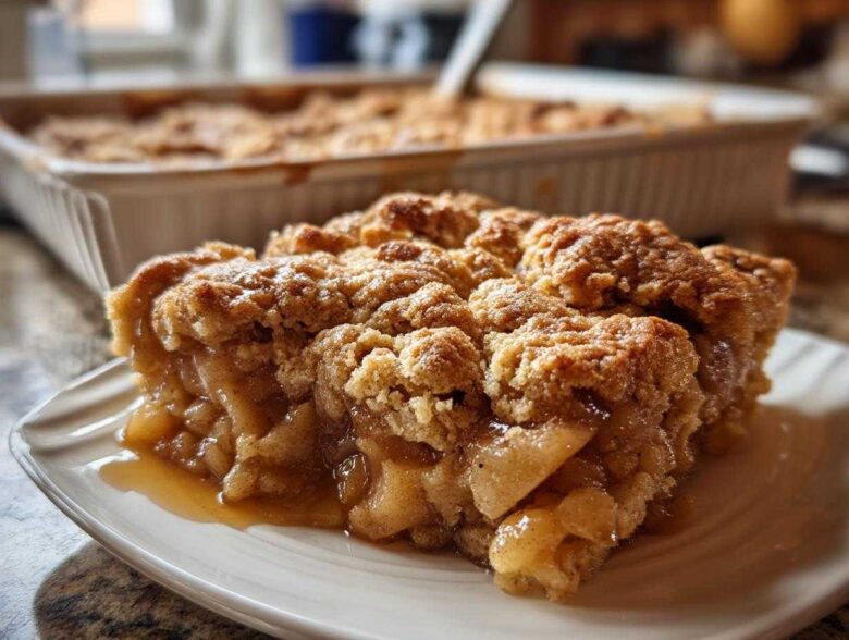 A close-up of a warm, gooey slice of apple cobbler with a crumbly topping on a white plate.
