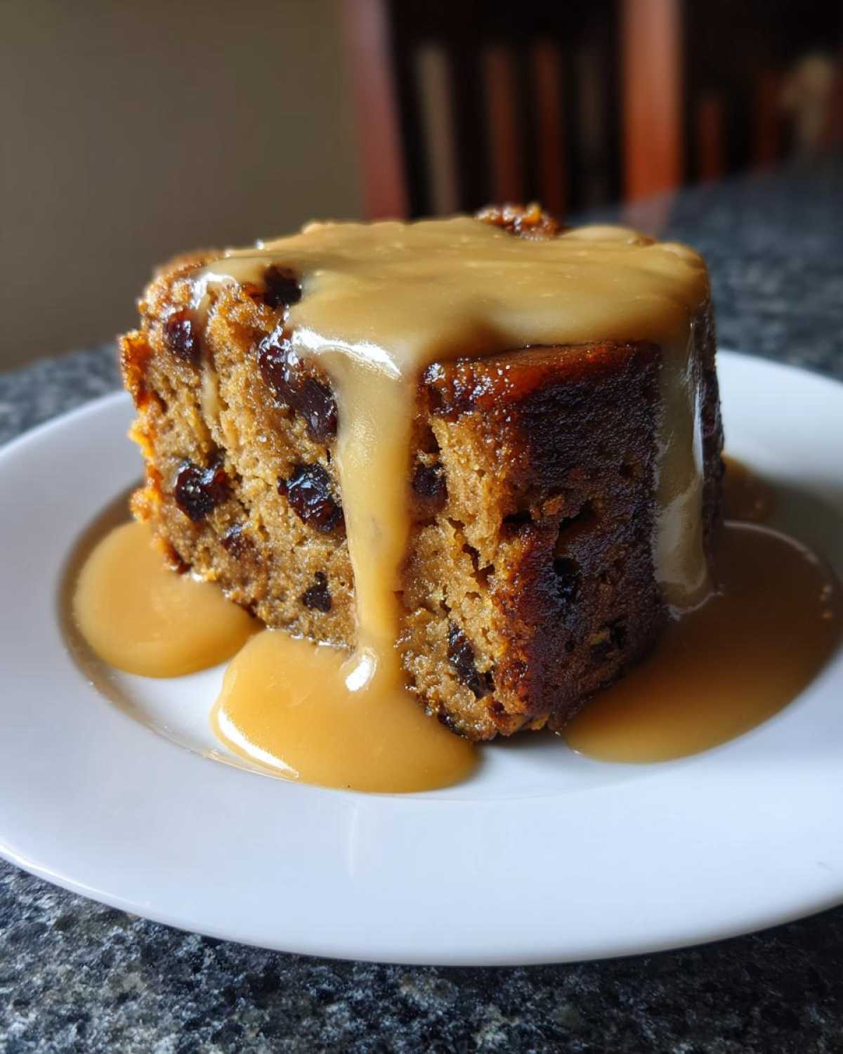 A moist, dark slice of bread pudding studded with raisins, topped with thick caramel sauce.