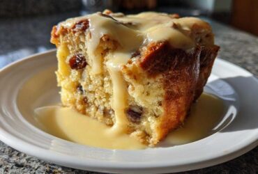 A square slice of rich bread pudding studded with raisins, topped with thick vanilla sauce.