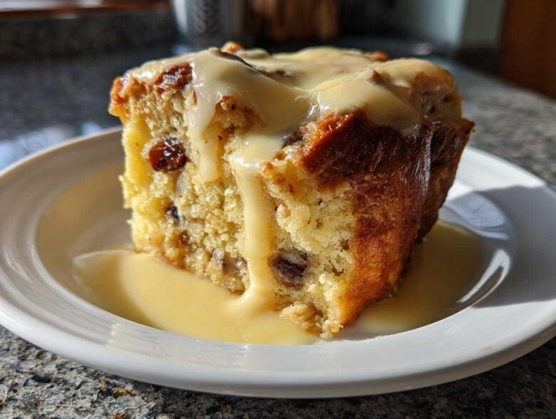 A square slice of rich bread pudding studded with raisins, topped with thick vanilla sauce.