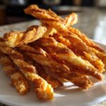 A close-up, sunlit photo of a mound of freshly baked, twisted cheese straws dusted with spices on a white plate.