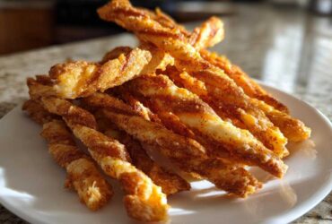 A close-up, sunlit photo of a mound of freshly baked, twisted cheese straws dusted with spices on a white plate.