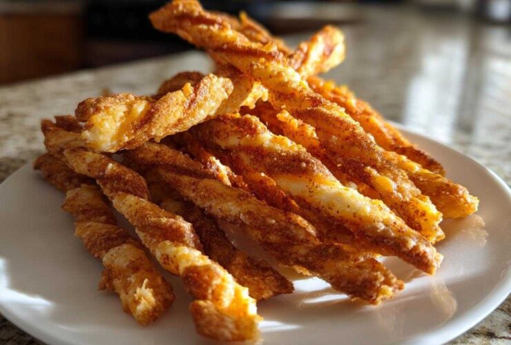 A close-up, sunlit photo of a mound of freshly baked, twisted cheese straws dusted with spices on a white plate.