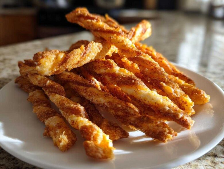 A close-up, sunlit photo of a mound of freshly baked, twisted cheese straws dusted with spices on a white plate.
