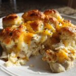 A close-up serving of warm chicken cobbler topped with melted cheddar cheese and herbs on a white plate.