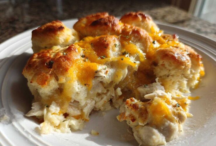 A close-up serving of warm chicken cobbler topped with melted cheddar cheese and herbs on a white plate.