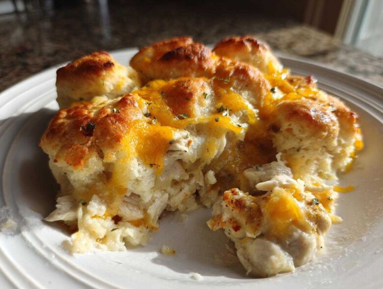 A close-up serving of warm chicken cobbler topped with melted cheddar cheese and herbs on a white plate.