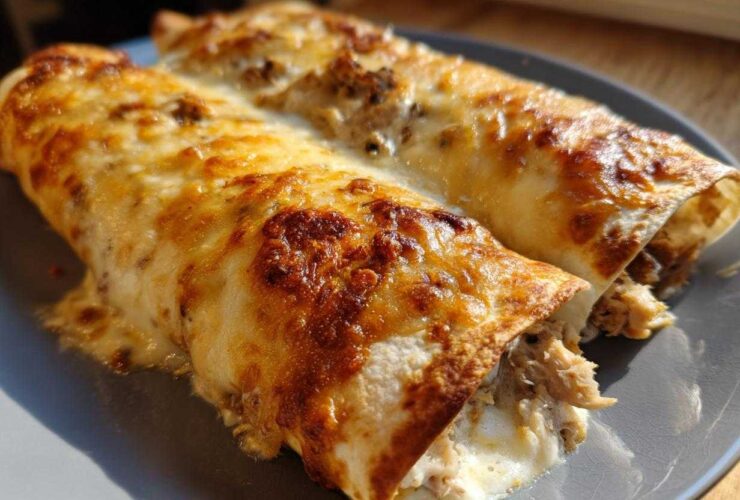 Two baked chicken enchiladas covered in melted, browned cheese, served on a gray plate.