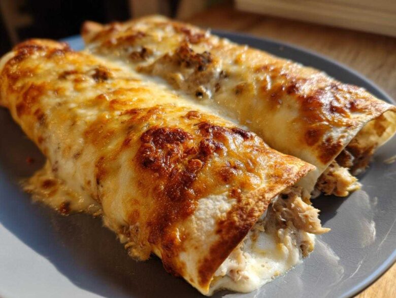 Two baked chicken enchiladas covered in melted, browned cheese, served on a gray plate.