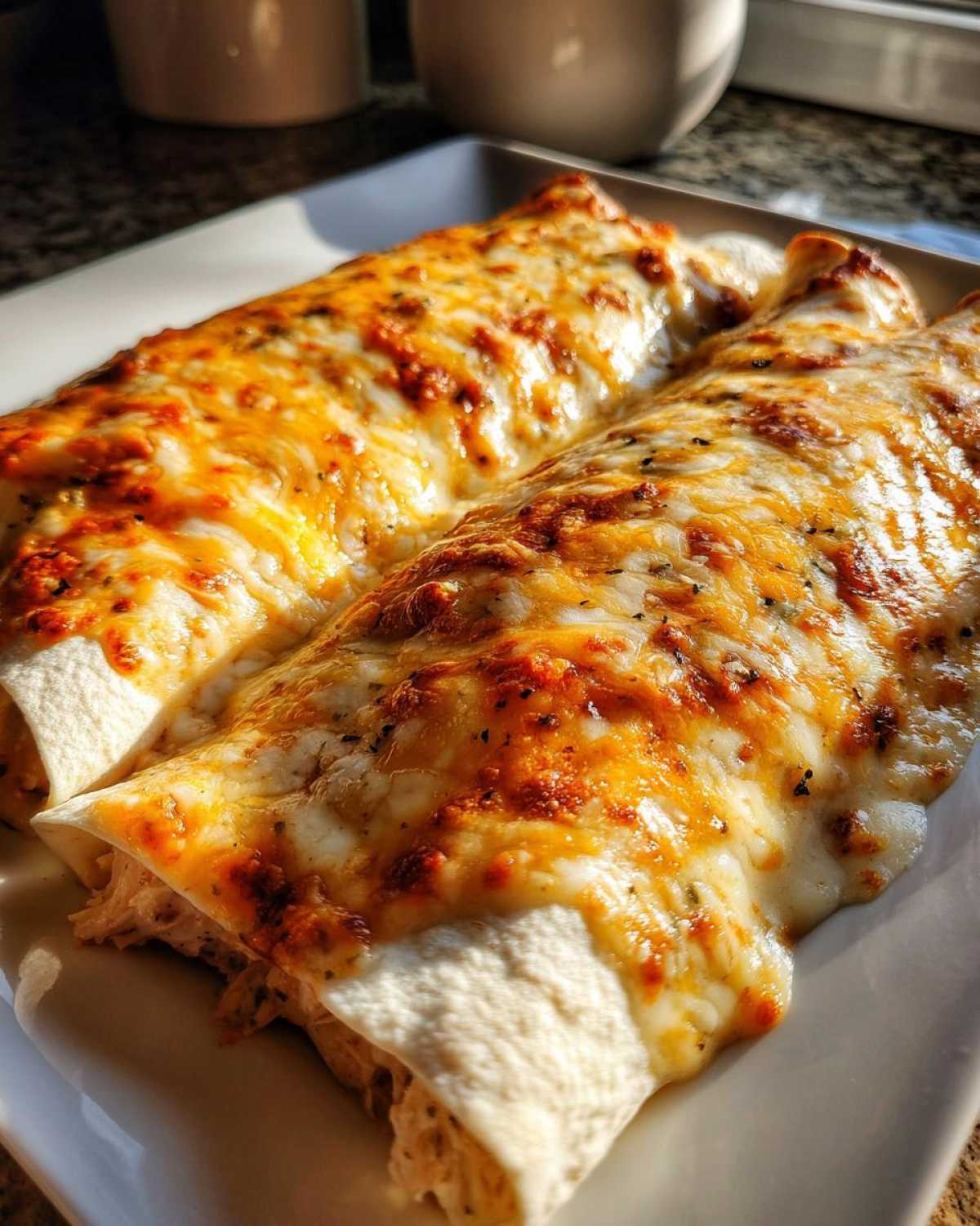 Two baked chicken enchiladas covered in melted, bubbly cheese and red sauce, served on a white plate.