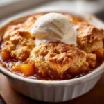A close-up of a warm peach cobbler topped with a melting scoop of vanilla ice cream in a white ramekin.