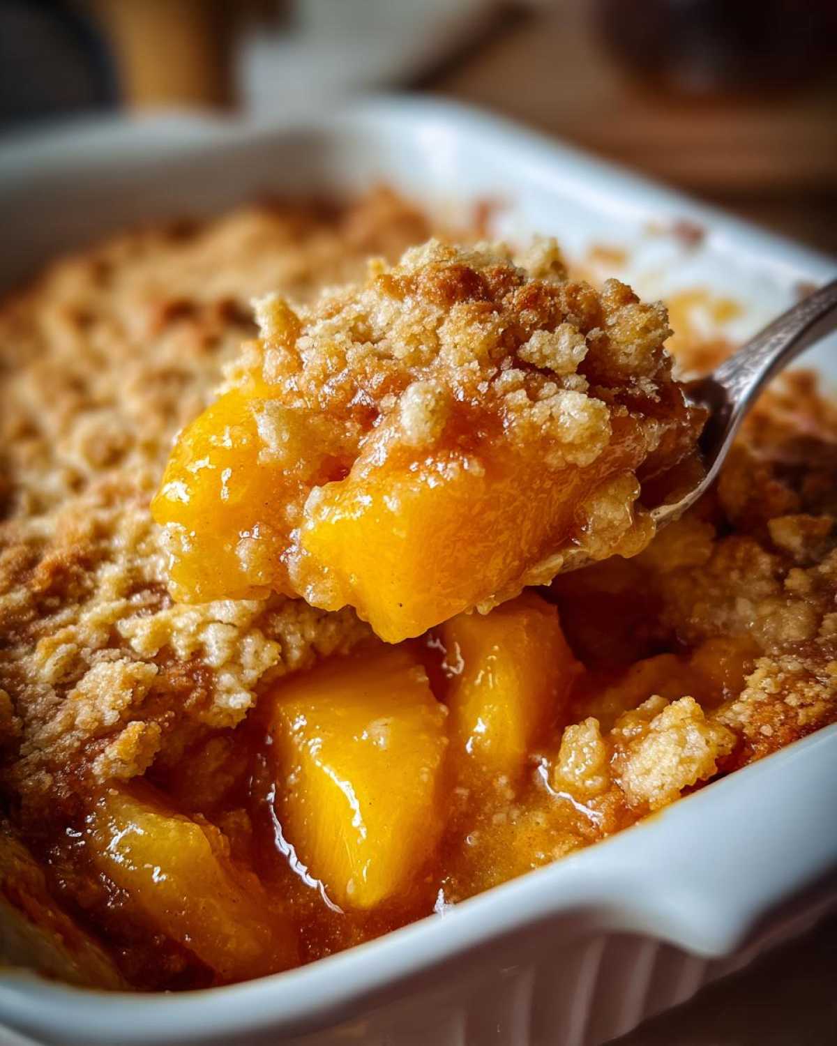 A spoonful of warm peach cobbler showing juicy fruit and crunchy topping being lifted from a white baking dish.