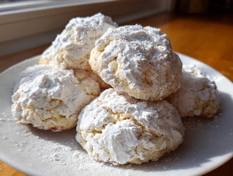 A stack of soft, crinkle-textured cool whip cookies heavily dusted with white powdered sugar on a white plate.