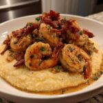 A close-up of creamy shrimp and grits topped with seasoned shrimp and crispy bacon pieces.