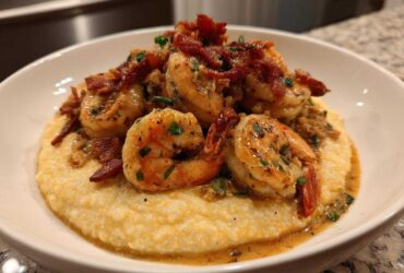 A close-up of creamy shrimp and grits topped with seasoned shrimp and crispy bacon pieces.
