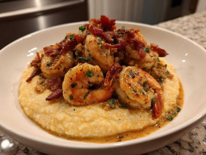 A close-up of creamy shrimp and grits topped with seasoned shrimp and crispy bacon pieces.