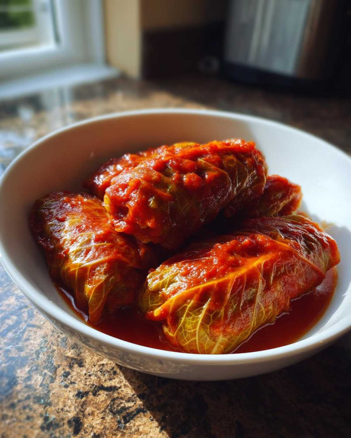 A white bowl filled with several Stuffed Cabbage Rolls smothered in a rich, bright red tomato sauce.