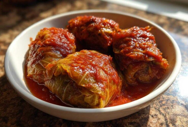 Four hearty Stuffed Cabbage Rolls swimming in a rich tomato sauce, served in a white bowl.
