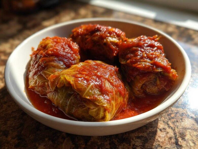 Four hearty Stuffed Cabbage Rolls swimming in a rich tomato sauce, served in a white bowl.