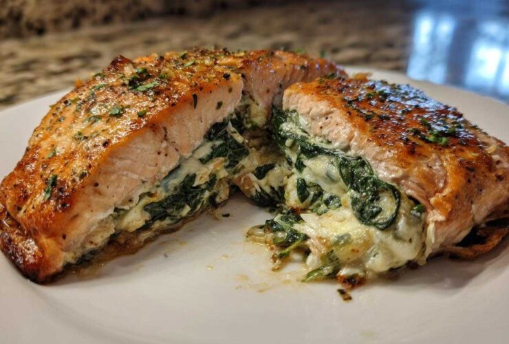 A perfectly cooked stuffed salmon fillet, cut in half to show the creamy spinach filling inside this amazing stuffed salmon.