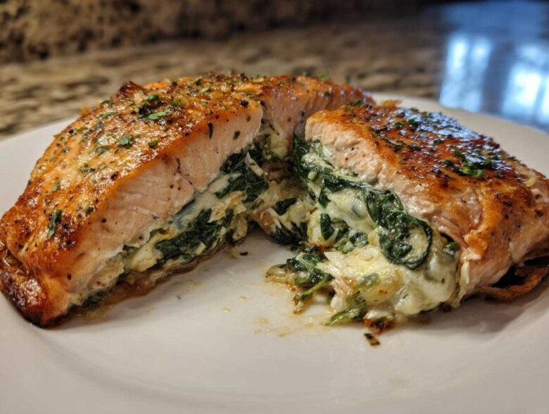 A perfectly cooked stuffed salmon fillet, cut in half to show the creamy spinach filling inside this amazing stuffed salmon.