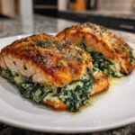 Two pieces of perfectly cooked stuffed salmon, split open to show the creamy spinach filling inside.