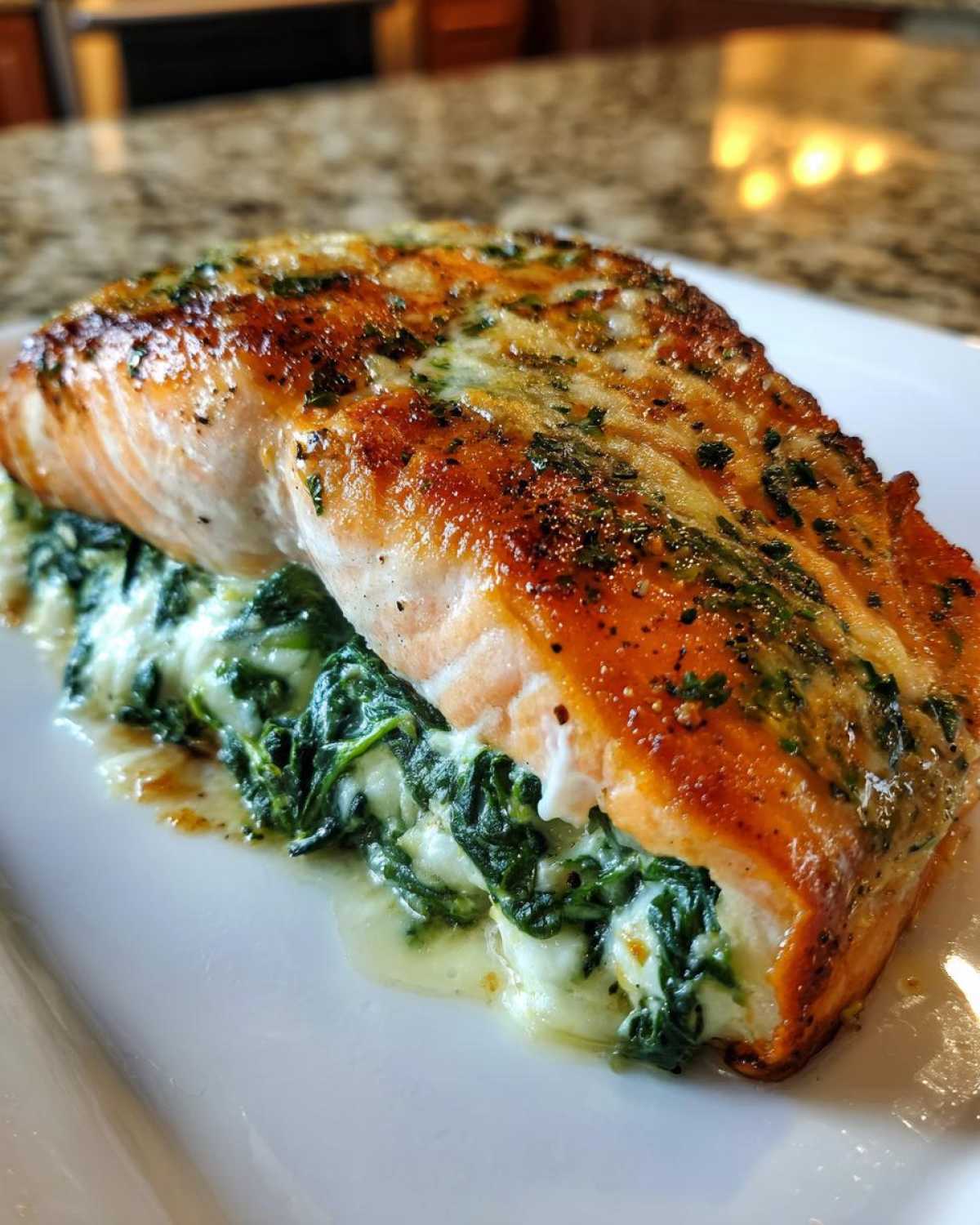 Close-up of a perfectly cooked stuffed salmon fillet, split open to show creamy spinach filling.