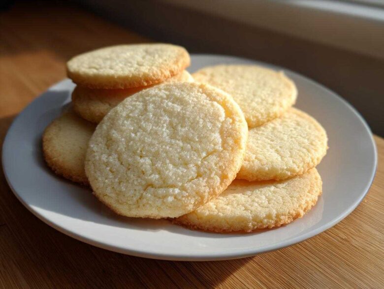 A stack of freshly baked, round sugar cookie treats piled on a white plate.