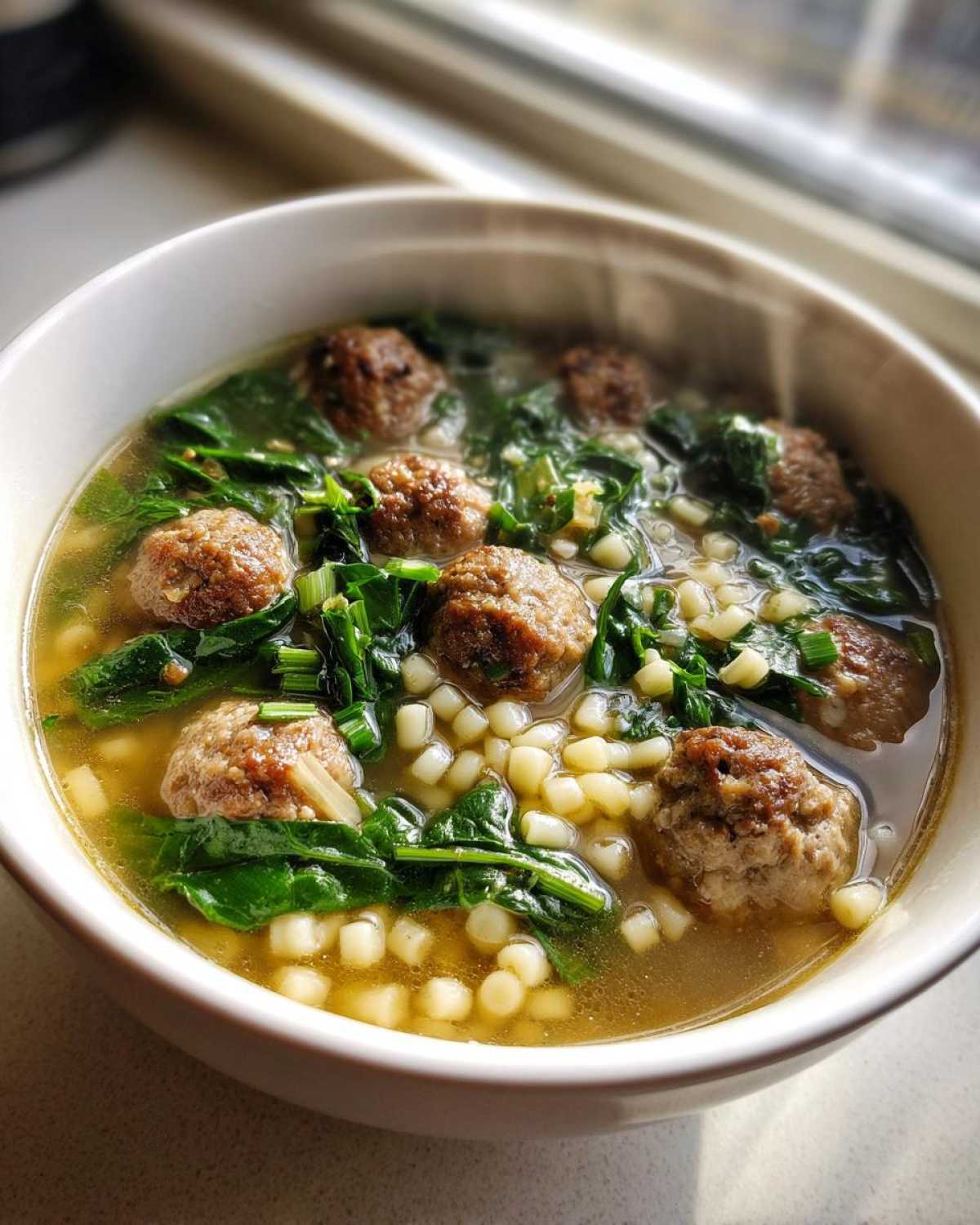 Close-up of a white bowl filled with hot wedding soup featuring small meatballs, acini di pepe pasta, and wilted spinach.