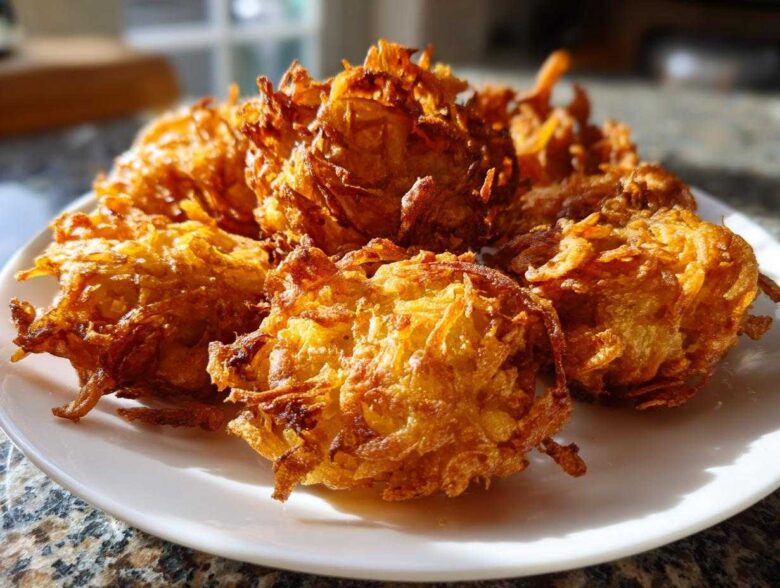 A close-up of several golden brown, crispy Amish Onion Fritters piled on a white plate, catching bright sunlight.