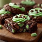 A close-up of a rich chocolate Andes Mint Cookies, featuring green mint chunks and topped with bright green frosting.