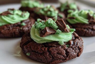A close-up of a rich, dark chocolate Andes Mint Cookies topped with bright green frosting and chopped chocolate pieces.