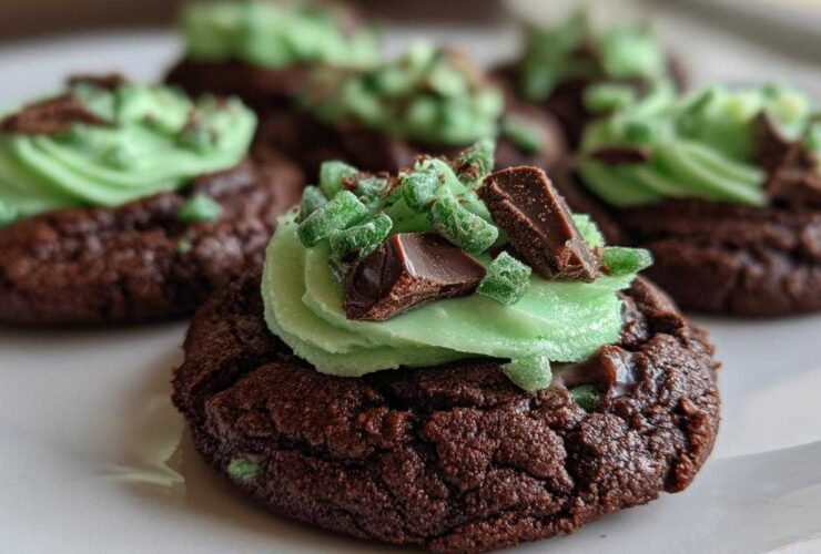 A close-up of a rich, dark chocolate Andes Mint Cookies topped with bright green frosting and chopped chocolate pieces.