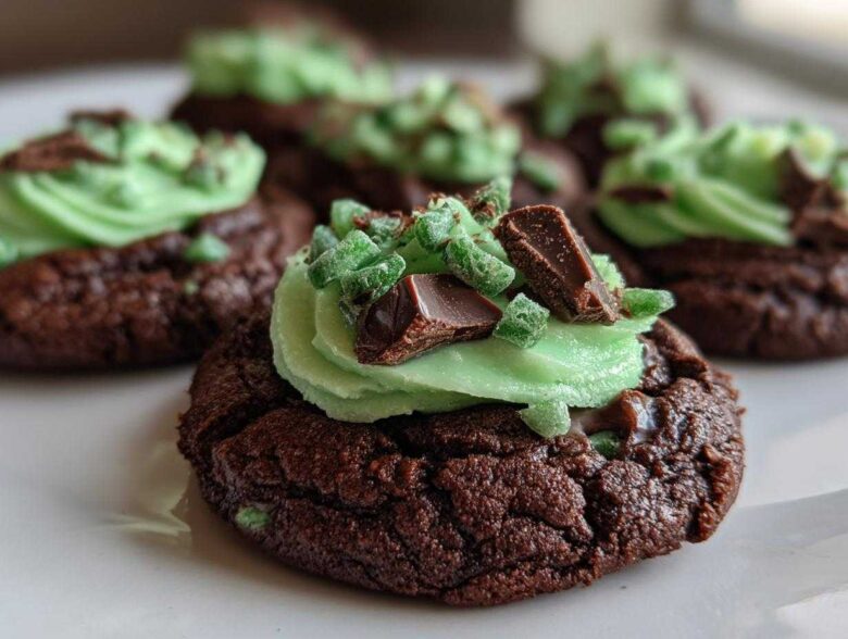 A close-up of a rich, dark chocolate Andes Mint Cookies topped with bright green frosting and chopped chocolate pieces.