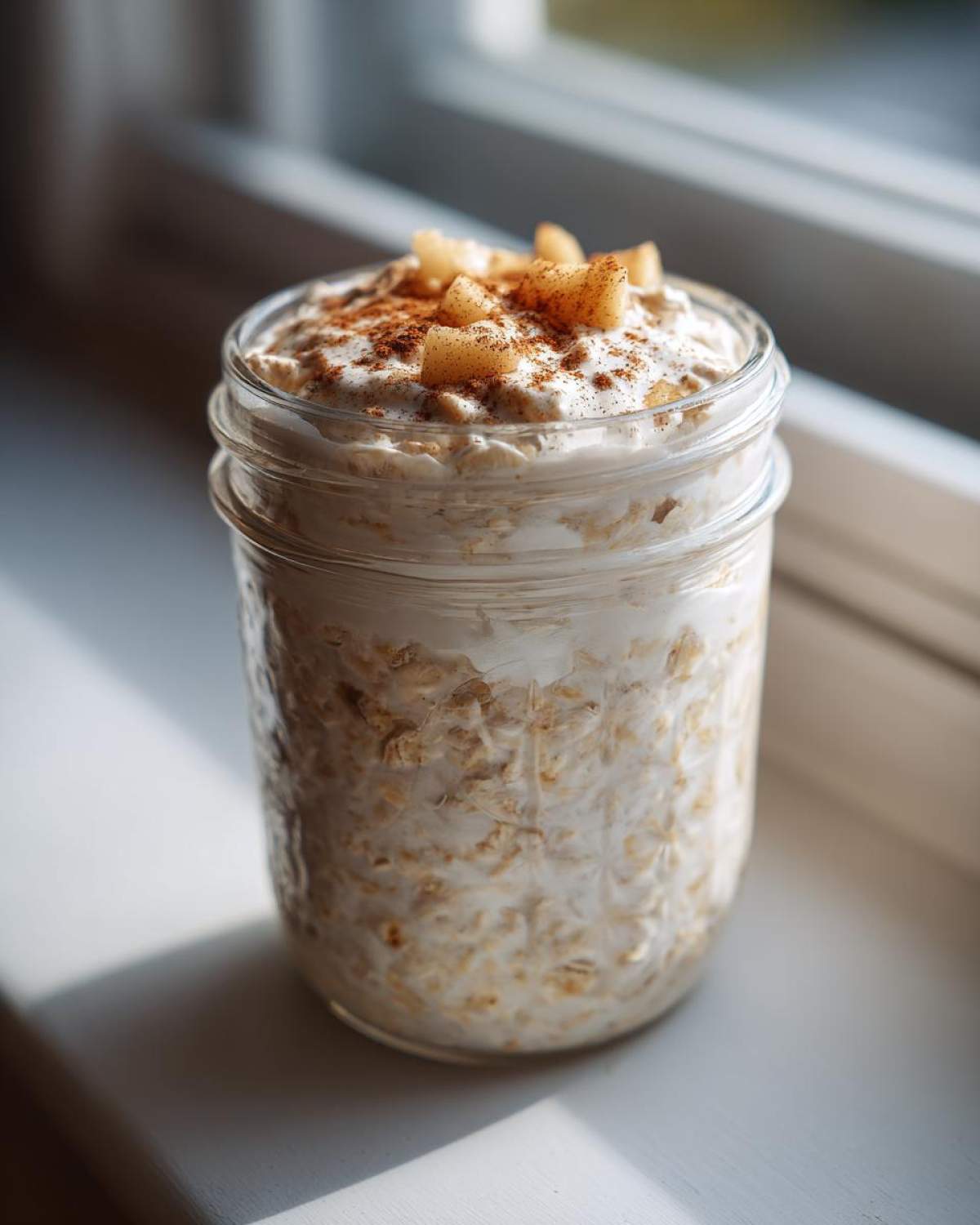 A glass jar filled with creamy apple cinnamon overnight oats, topped with diced apples and cinnamon.
