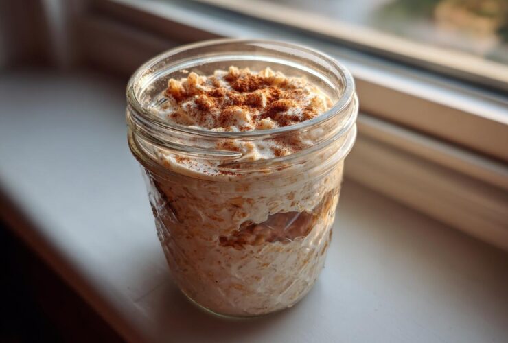 A glass jar filled with creamy apple cinnamon overnight oats, topped with a sprinkle of cinnamon.