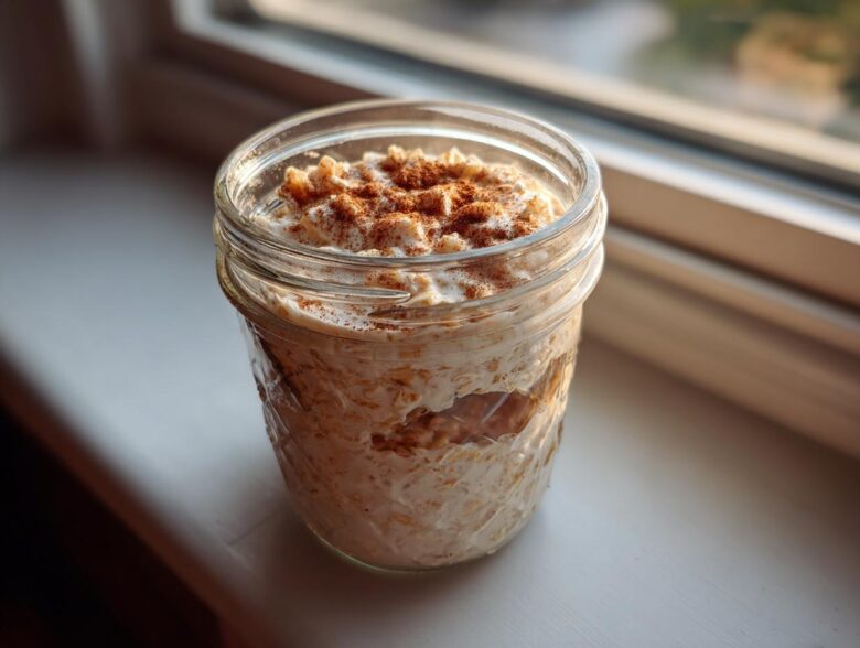 A glass jar filled with creamy apple cinnamon overnight oats, topped with a sprinkle of cinnamon.