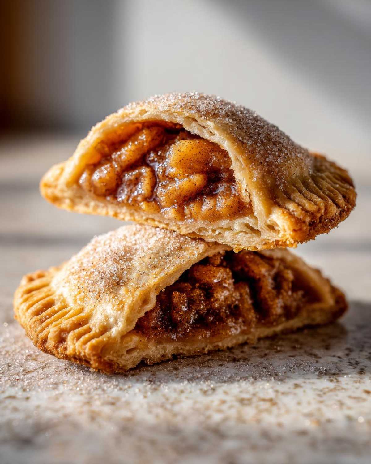 Two halves of delicious apple pie cookies stacked, showing the gooey cinnamon apple filling inside.