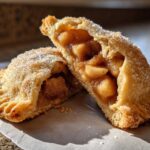 Two halves of a baked apple pie cookies, showing the spiced apple filling and sugary crust.